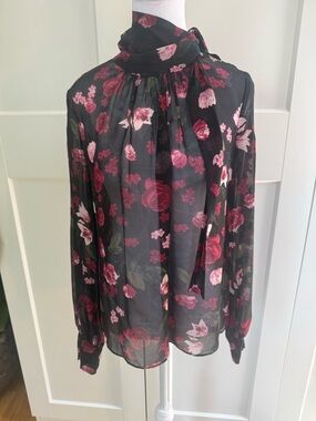 Saks Fifth Avenue Black Blouse with Pink Rose Floral Print
